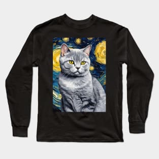 Cute British Shorthair Cat Breed Painting in a Van Gogh Starry Night Art Style Long Sleeve T-Shirt